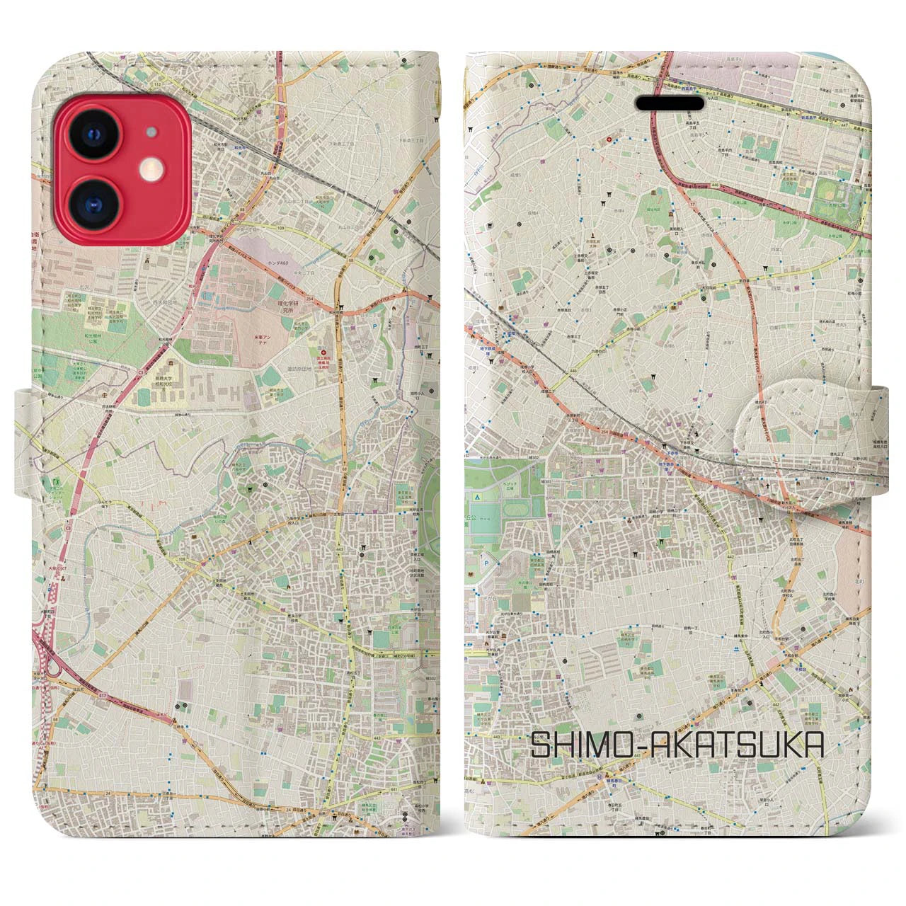 【下赤塚】地図柄iPhoneケース（手帳両面タイプ・ナチュラル）iPhone 11 用