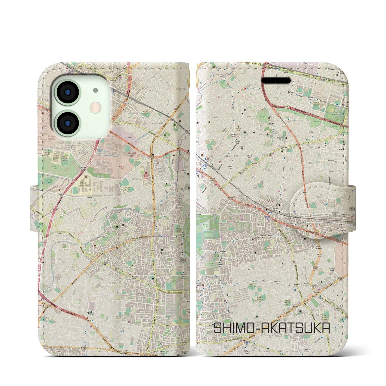 【下赤塚】地図柄iPhoneケース（手帳両面タイプ・ナチュラル）iPhone 12 mini 用