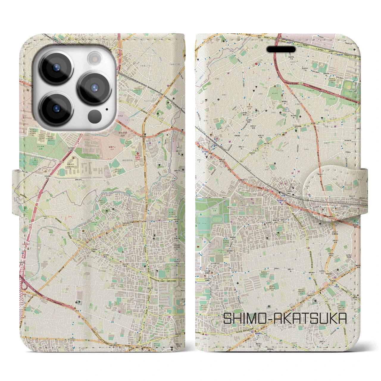 【下赤塚】地図柄iPhoneケース（手帳両面タイプ・ナチュラル）iPhone 14 Pro 用