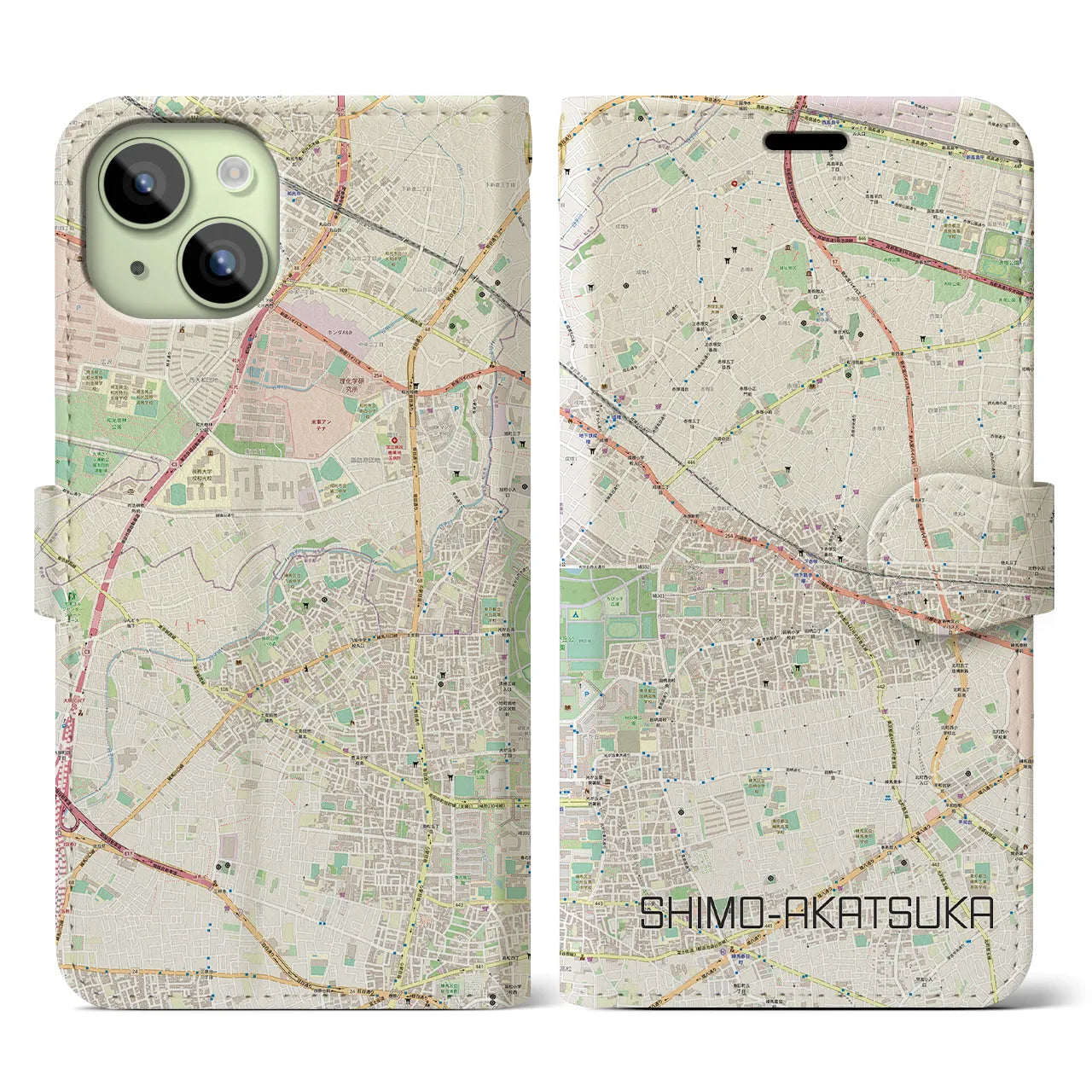 【下赤塚】地図柄iPhoneケース（手帳両面タイプ・ナチュラル）iPhone 15 用