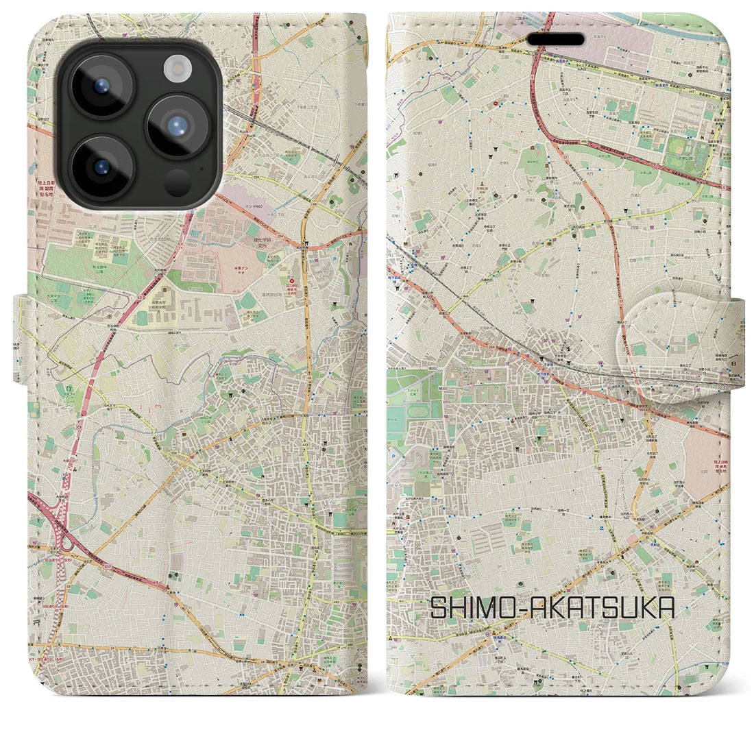 【下赤塚】地図柄iPhoneケース（手帳両面タイプ・ナチュラル）iPhone 15 Pro Max 用