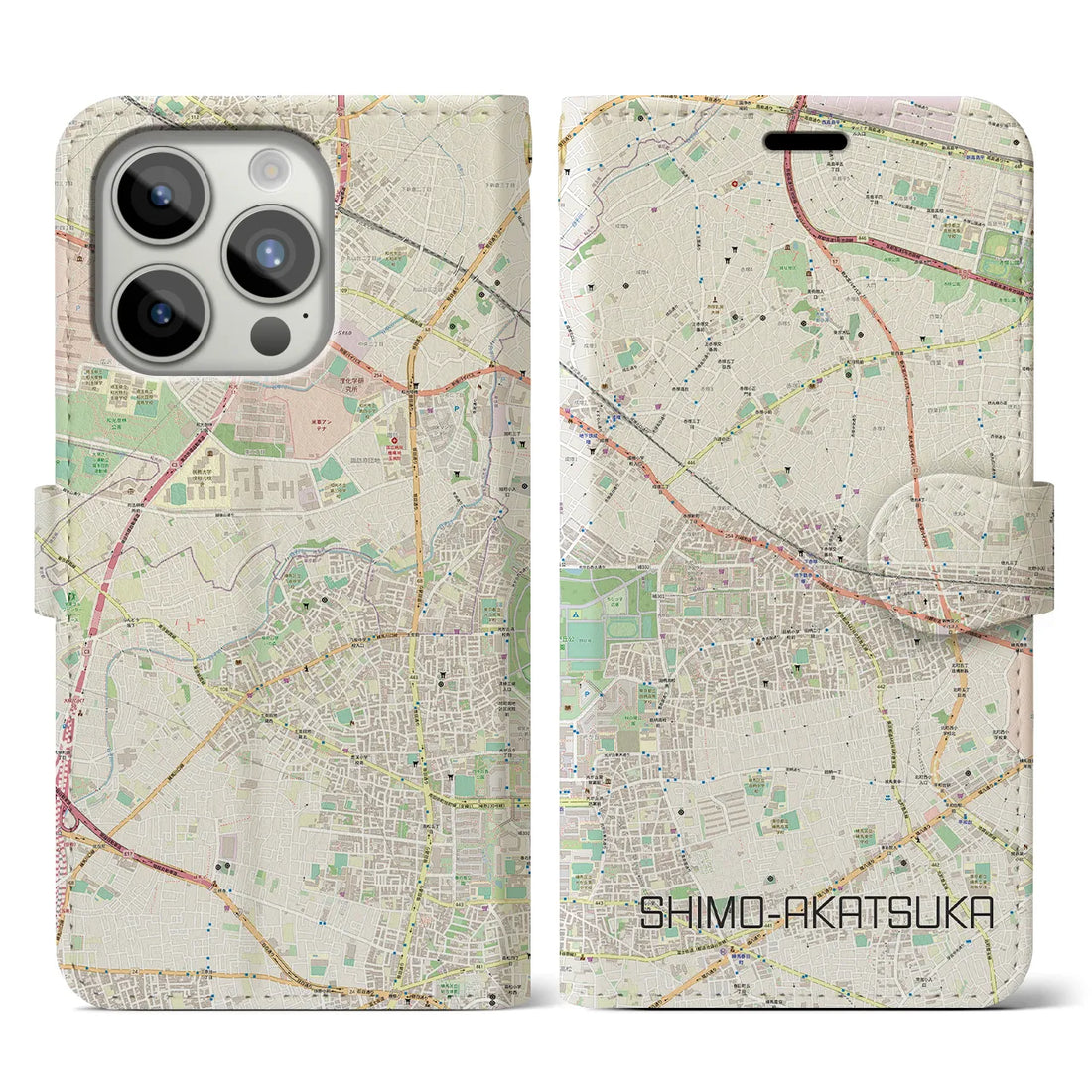 【下赤塚】地図柄iPhoneケース（手帳両面タイプ・ナチュラル）iPhone 15 Pro 用