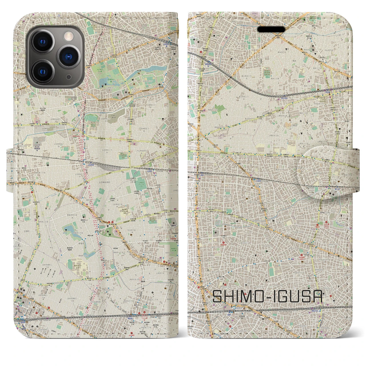 【下井草】地図柄iPhoneケース（手帳両面タイプ・ナチュラル）iPhone 11 Pro Max 用