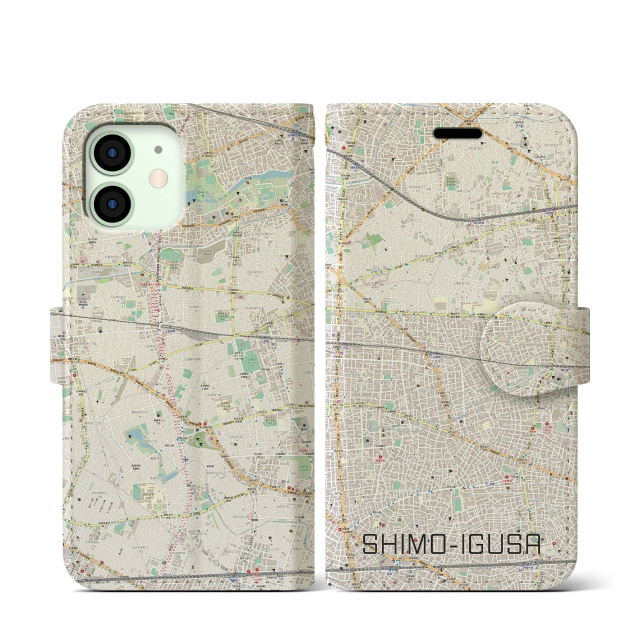 【下井草】地図柄iPhoneケース（手帳両面タイプ・ナチュラル）iPhone 12 mini 用