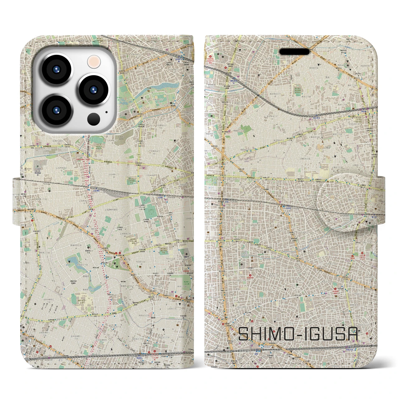 【下井草】地図柄iPhoneケース（手帳両面タイプ・ナチュラル）iPhone 13 Pro 用