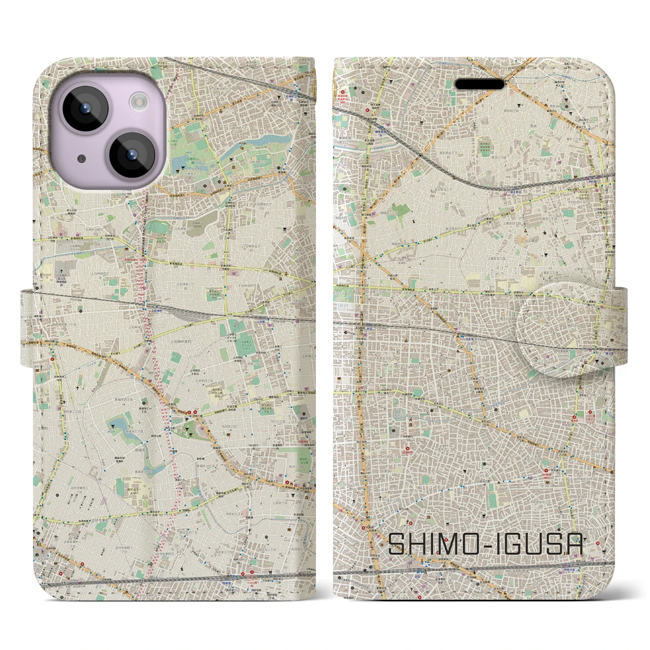 【下井草】地図柄iPhoneケース（手帳両面タイプ・ナチュラル）iPhone 14 用
