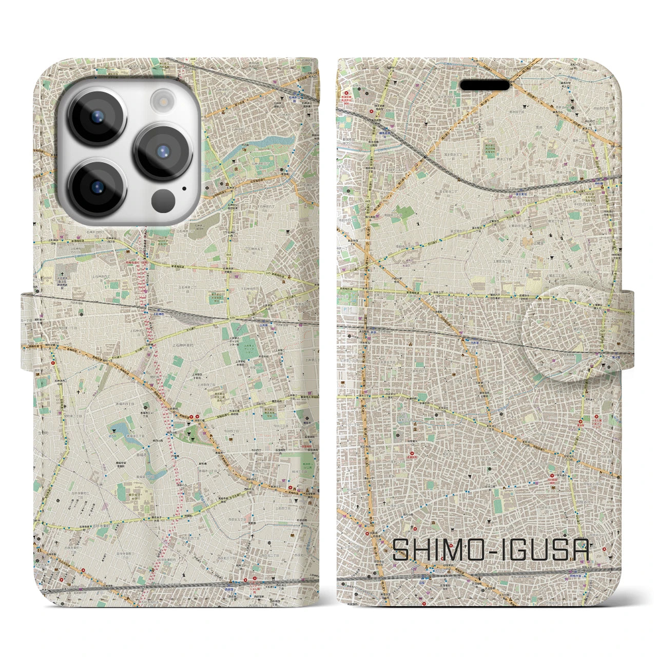 【下井草】地図柄iPhoneケース（手帳両面タイプ・ナチュラル）iPhone 14 Pro 用