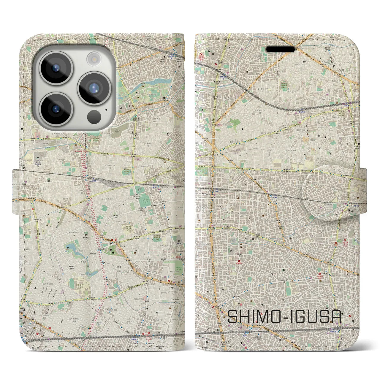 【下井草】地図柄iPhoneケース（手帳両面タイプ・ナチュラル）iPhone 15 Pro 用