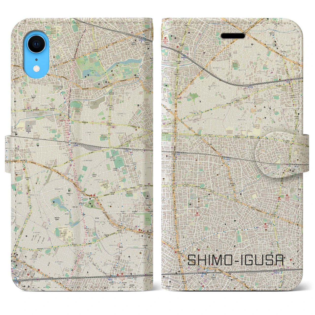 【下井草】地図柄iPhoneケース（手帳両面タイプ・ナチュラル）iPhone XR 用