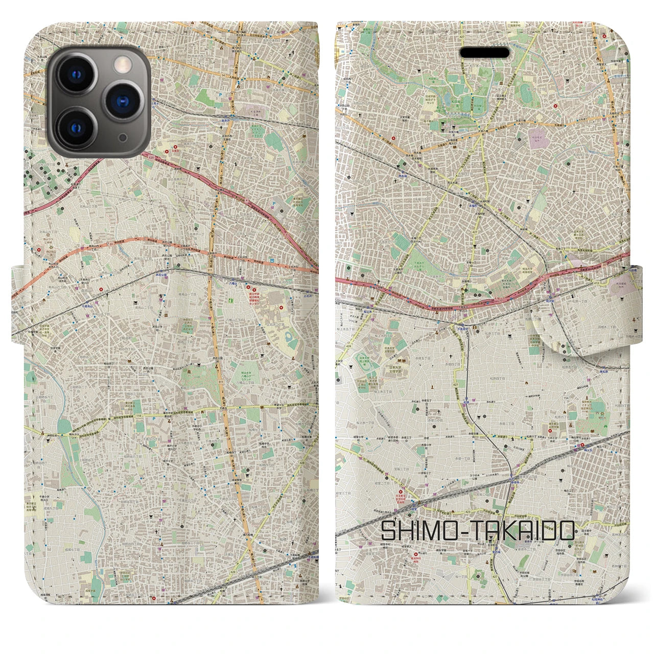 【下高井戸】地図柄iPhoneケース（手帳両面タイプ・ナチュラル）iPhone 11 Pro Max 用