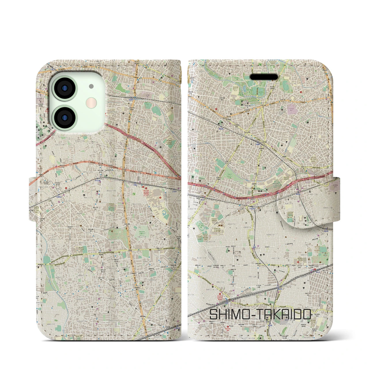 【下高井戸】地図柄iPhoneケース（手帳両面タイプ・ナチュラル）iPhone 12 mini 用