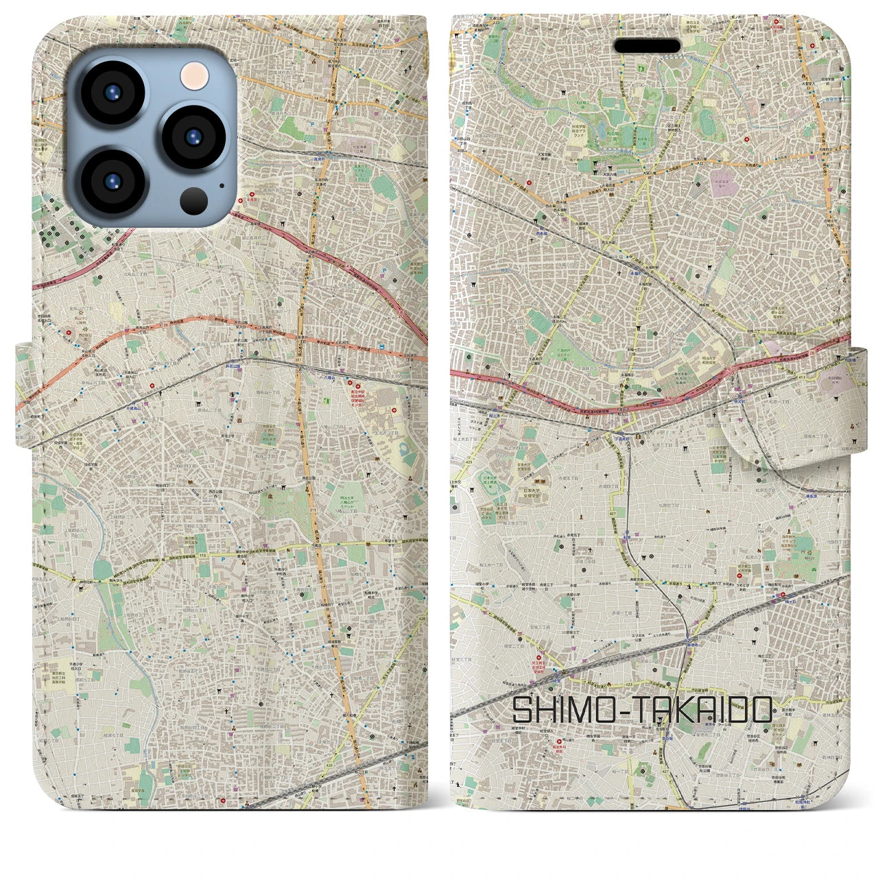 【下高井戸】地図柄iPhoneケース（手帳両面タイプ・ナチュラル）iPhone 13 Pro Max 用