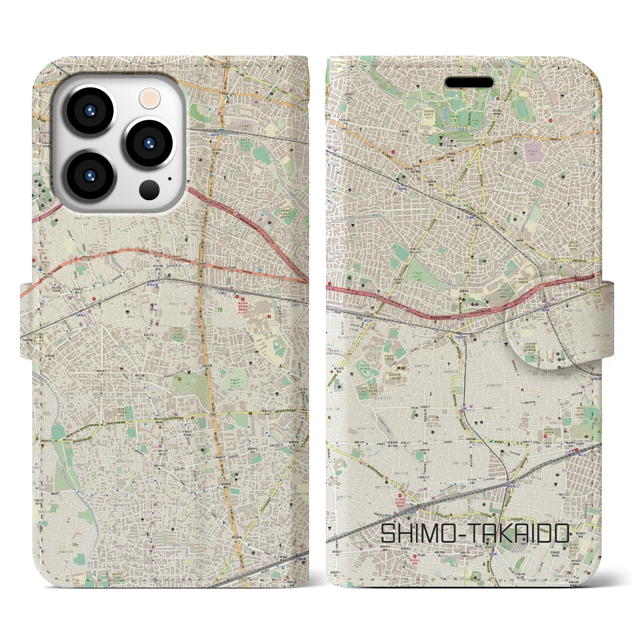【下高井戸】地図柄iPhoneケース（手帳両面タイプ・ナチュラル）iPhone 13 Pro 用
