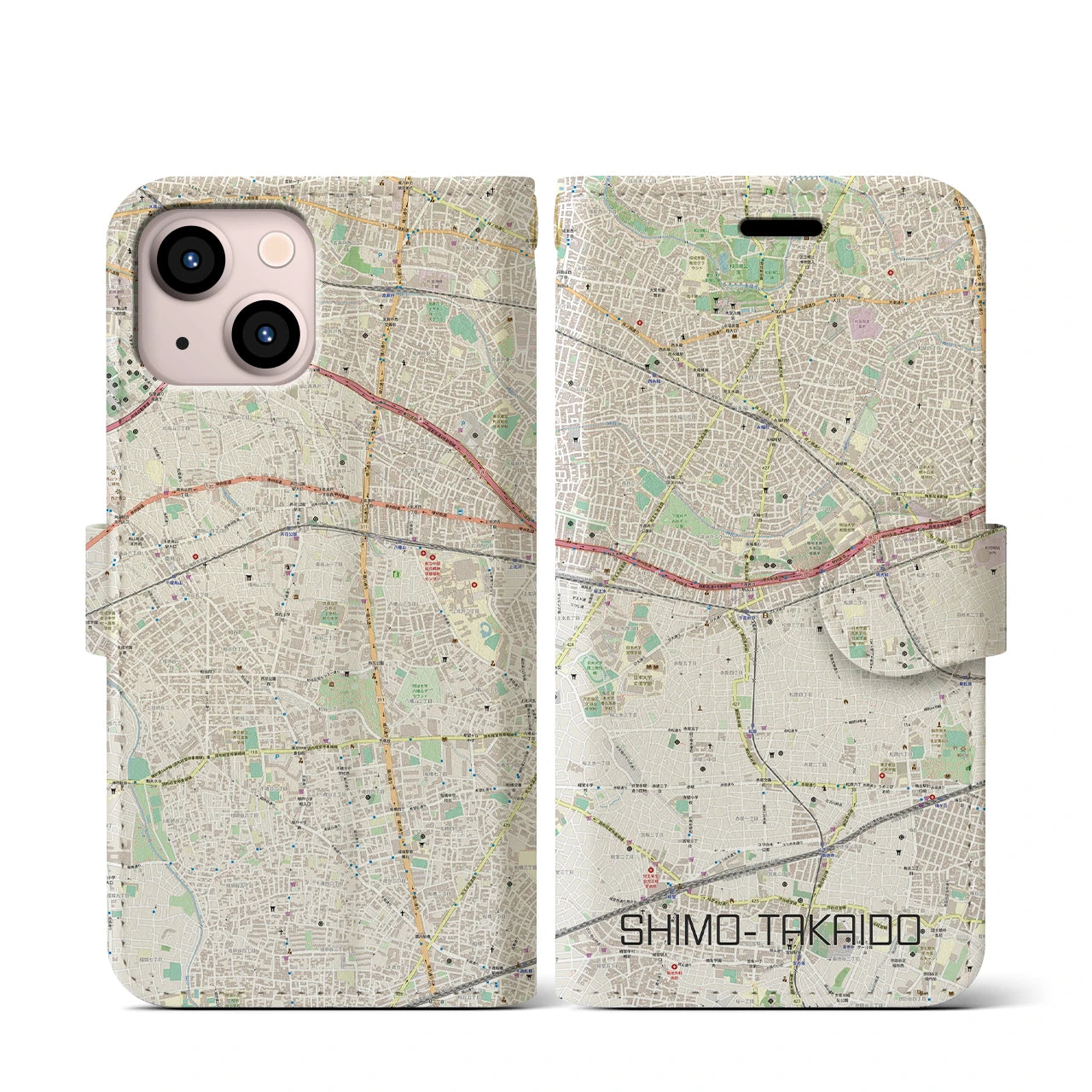【下高井戸】地図柄iPhoneケース（手帳両面タイプ・ナチュラル）iPhone 13 mini 用