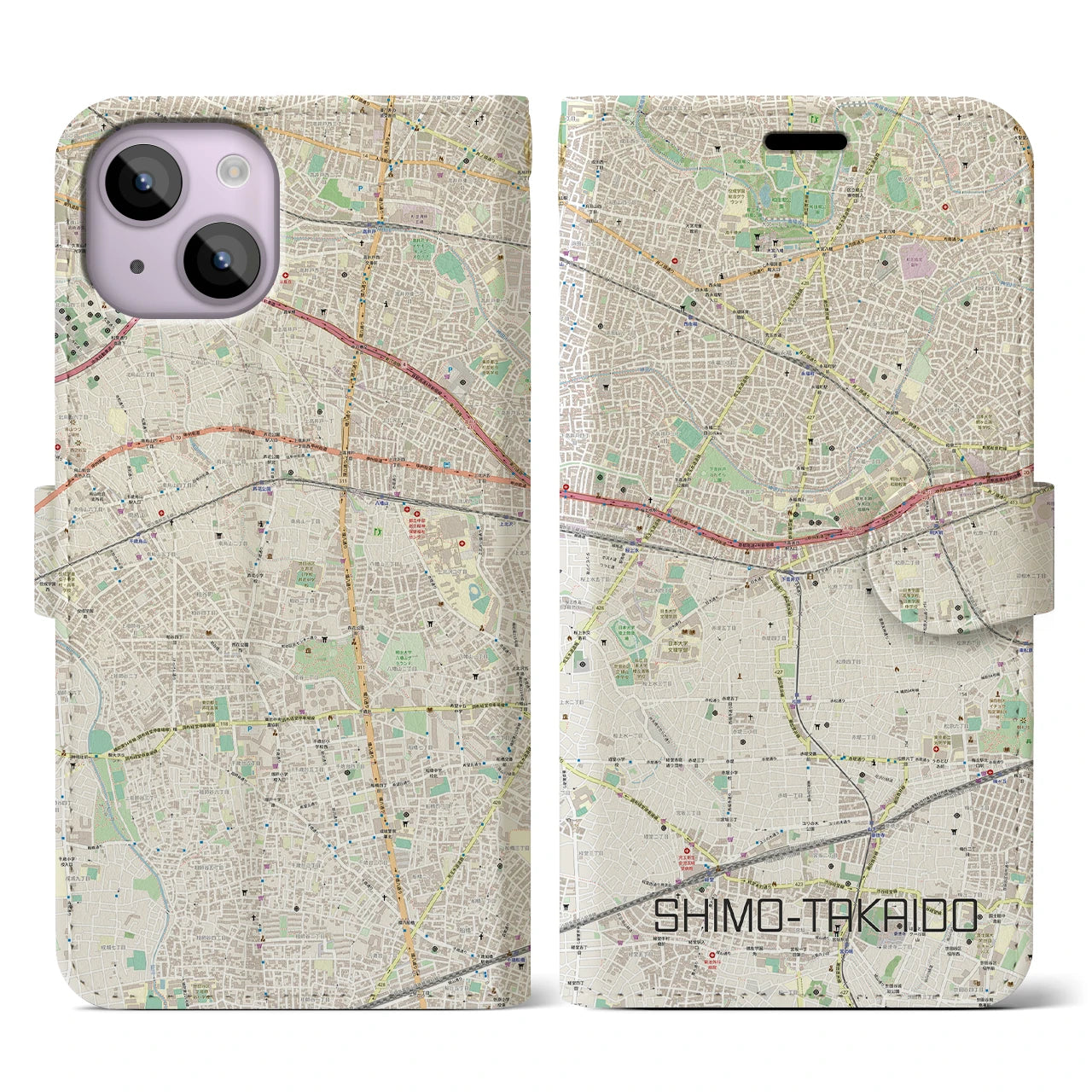【下高井戸】地図柄iPhoneケース（手帳両面タイプ・ナチュラル）iPhone 14 用