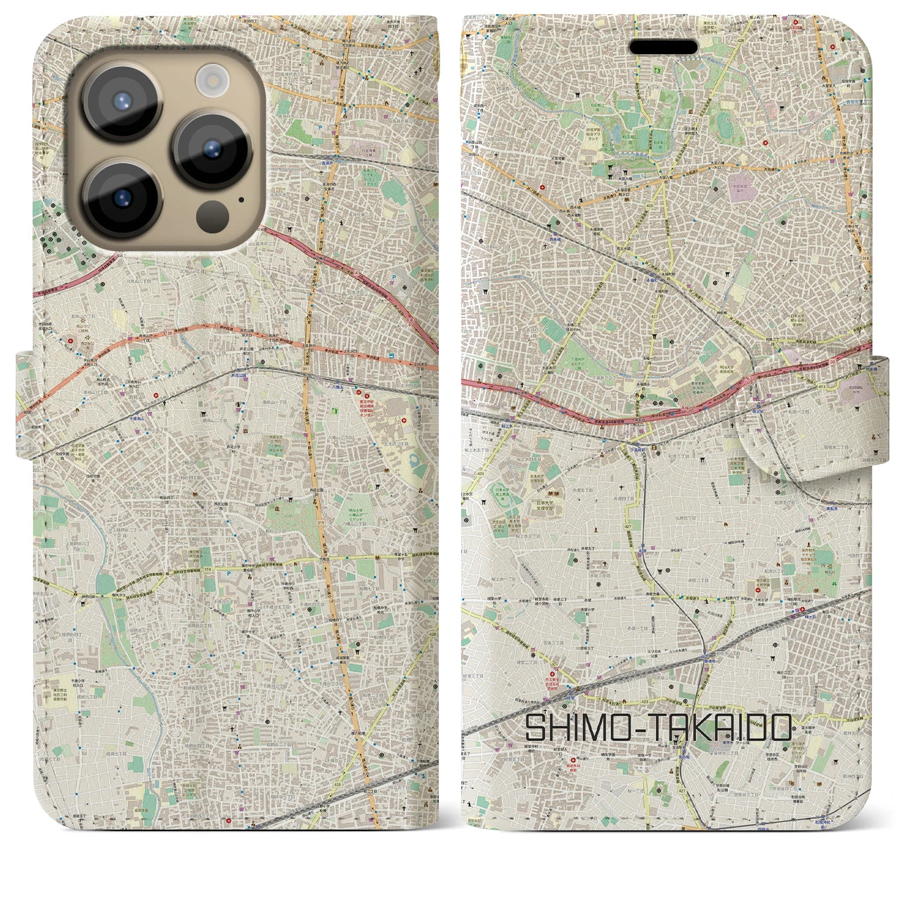 【下高井戸】地図柄iPhoneケース（手帳両面タイプ・ナチュラル）iPhone 14 Pro Max 用