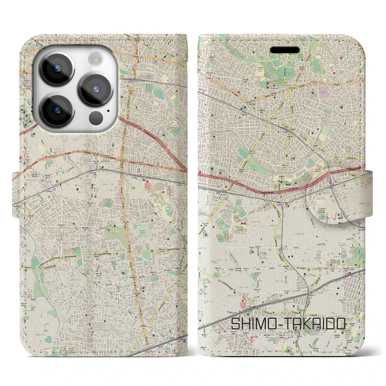 【下高井戸】地図柄iPhoneケース（手帳両面タイプ・ナチュラル）iPhone 14 Pro 用