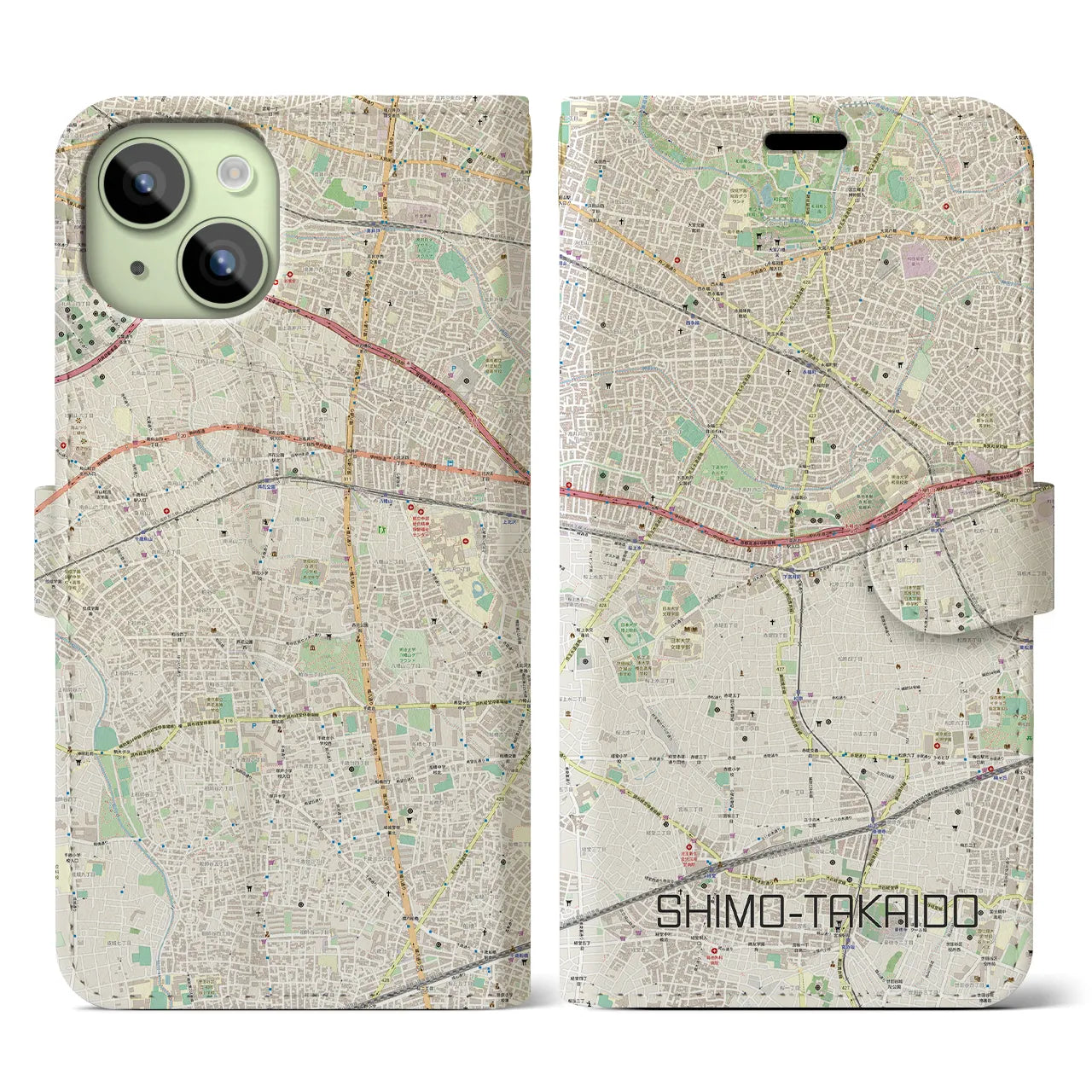 【下高井戸】地図柄iPhoneケース（手帳両面タイプ・ナチュラル）iPhone 15 用