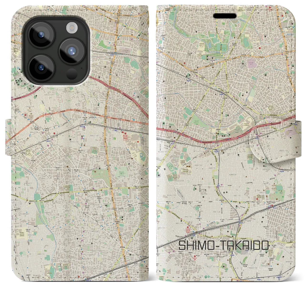 【下高井戸】地図柄iPhoneケース（手帳両面タイプ・ナチュラル）iPhone 15 Pro Max 用