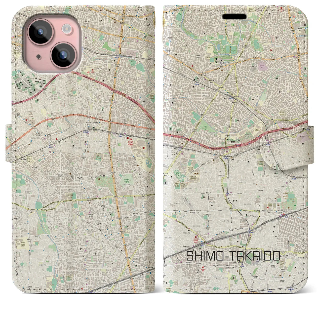 【下高井戸】地図柄iPhoneケース（手帳両面タイプ・ナチュラル）iPhone 15 Plus 用