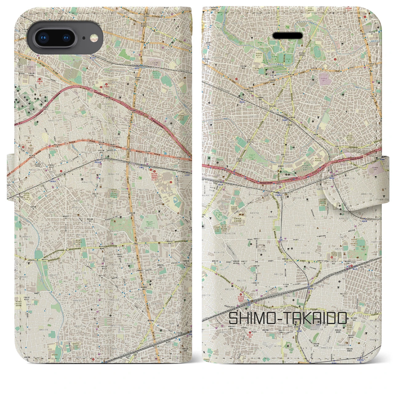 【下高井戸】地図柄iPhoneケース（手帳両面タイプ・ナチュラル）iPhone 8Plus /7Plus / 6sPlus / 6Plus 用