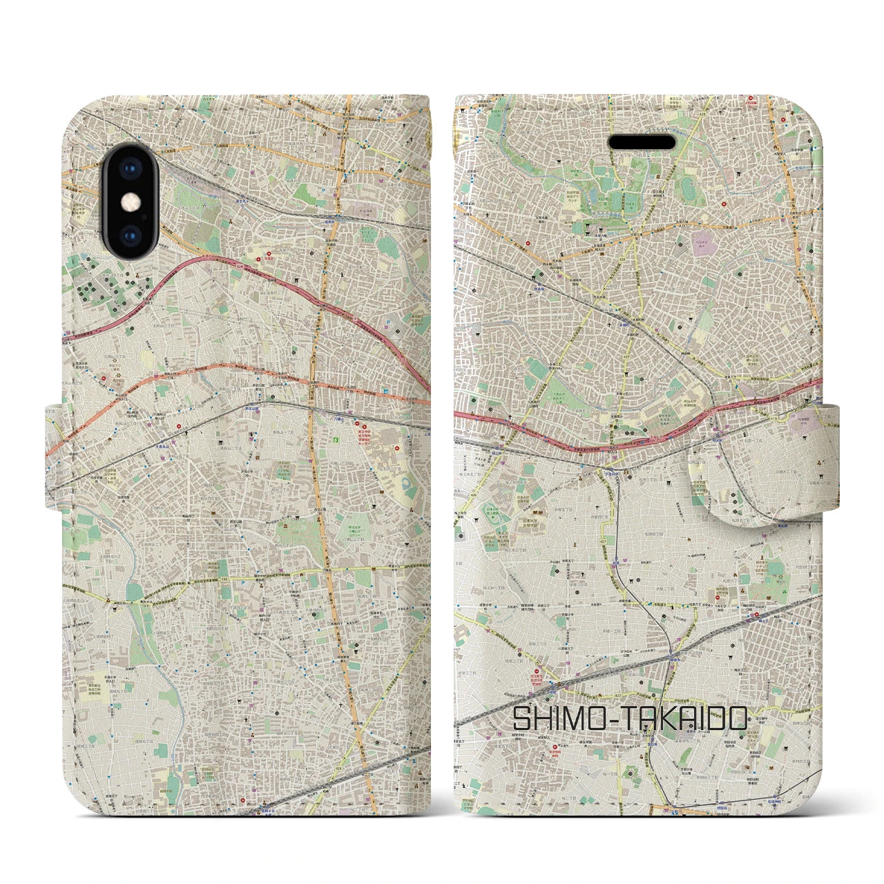 【下高井戸】地図柄iPhoneケース（手帳両面タイプ・ナチュラル）iPhone XS / X 用