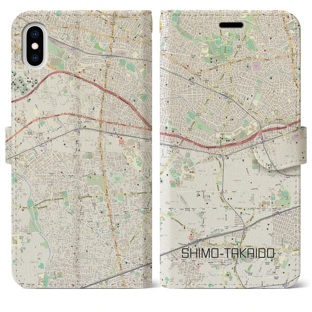 【下高井戸】地図柄iPhoneケース（手帳両面タイプ・ナチュラル）iPhone XS Max 用