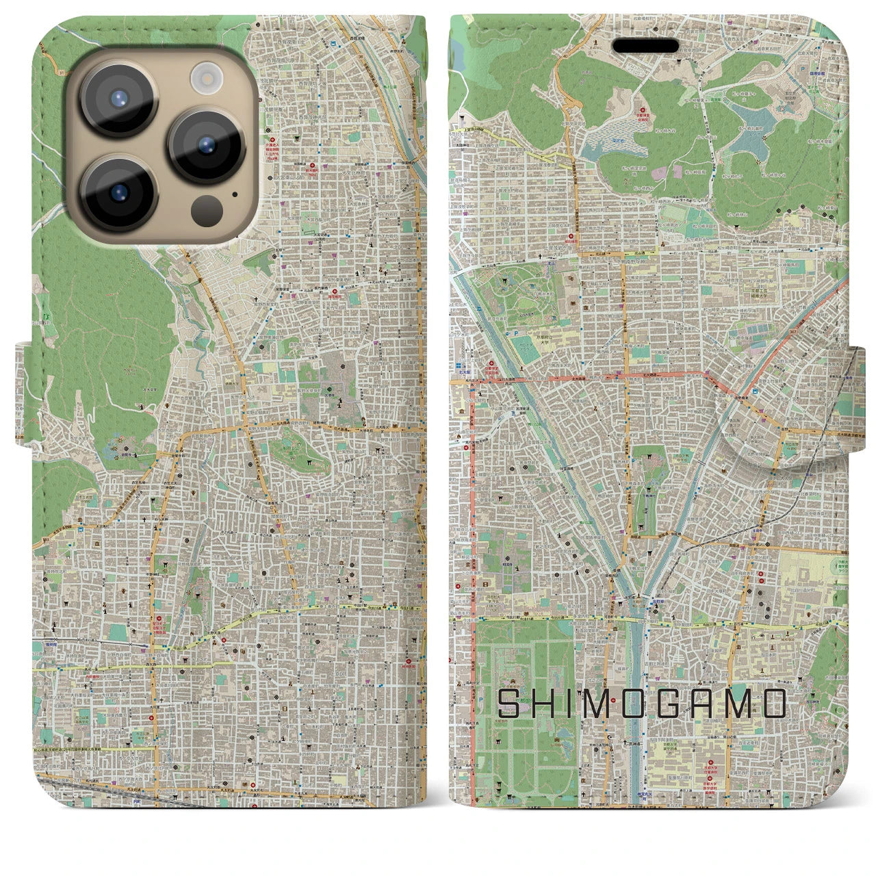 【下鴨】地図柄iPhoneケース（手帳両面タイプ・ナチュラル）iPhone 14 Pro Max 用