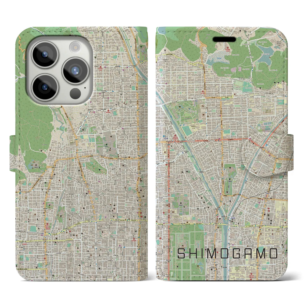 【下鴨】地図柄iPhoneケース（手帳両面タイプ・ナチュラル）iPhone 15 Pro 用
