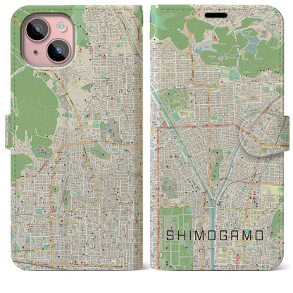 【下鴨（京都府）】地図柄iPhoneケース（手帳タイプ）ナチュラル・iPhone 15 Plus 用