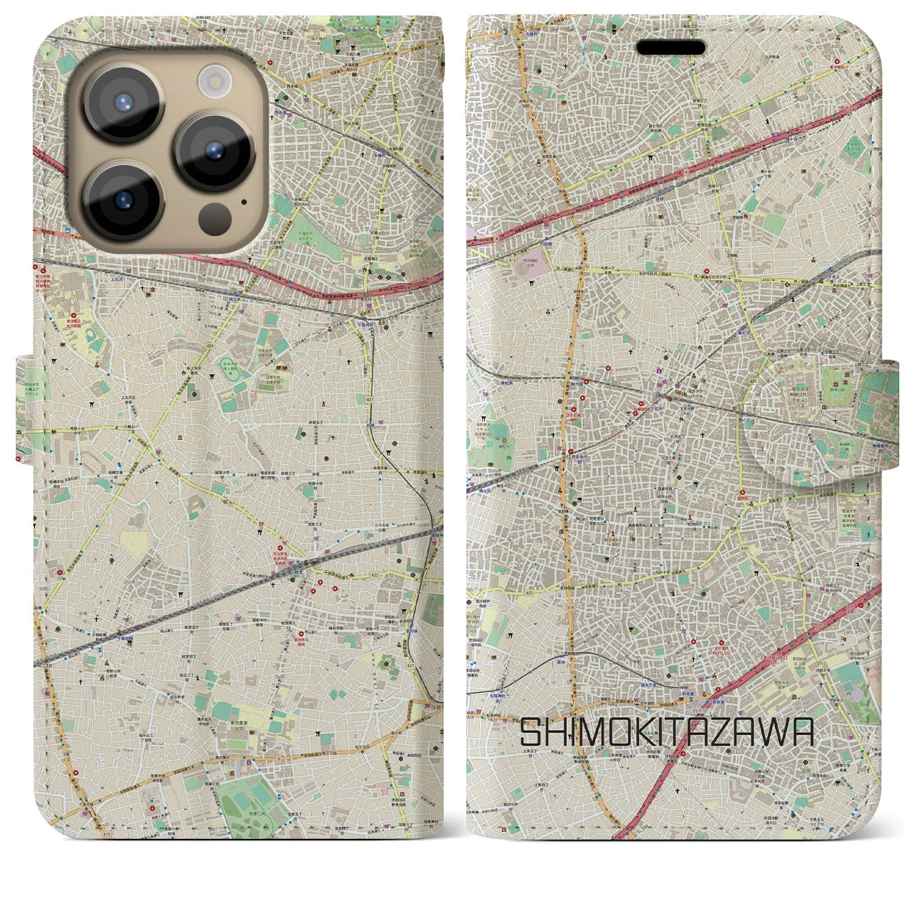【下北沢】地図柄iPhoneケース（手帳両面タイプ・ナチュラル）iPhone 14 Pro Max 用