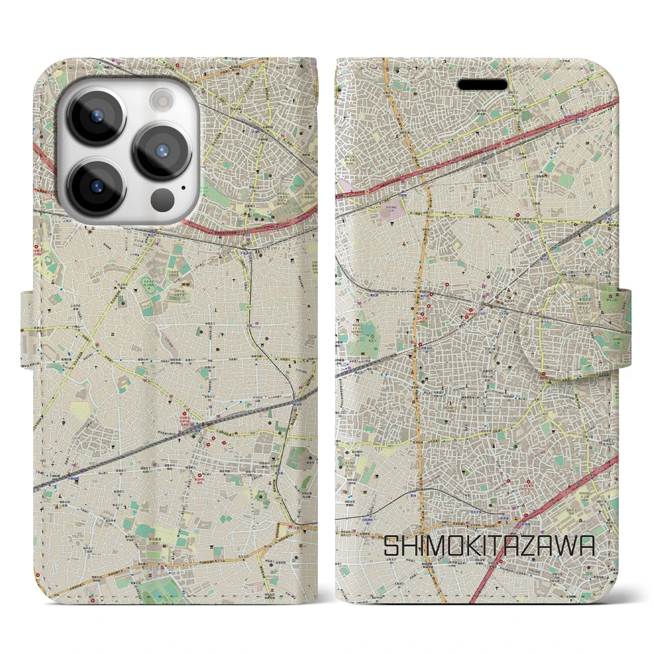 【下北沢】地図柄iPhoneケース（手帳両面タイプ・ナチュラル）iPhone 14 Pro 用