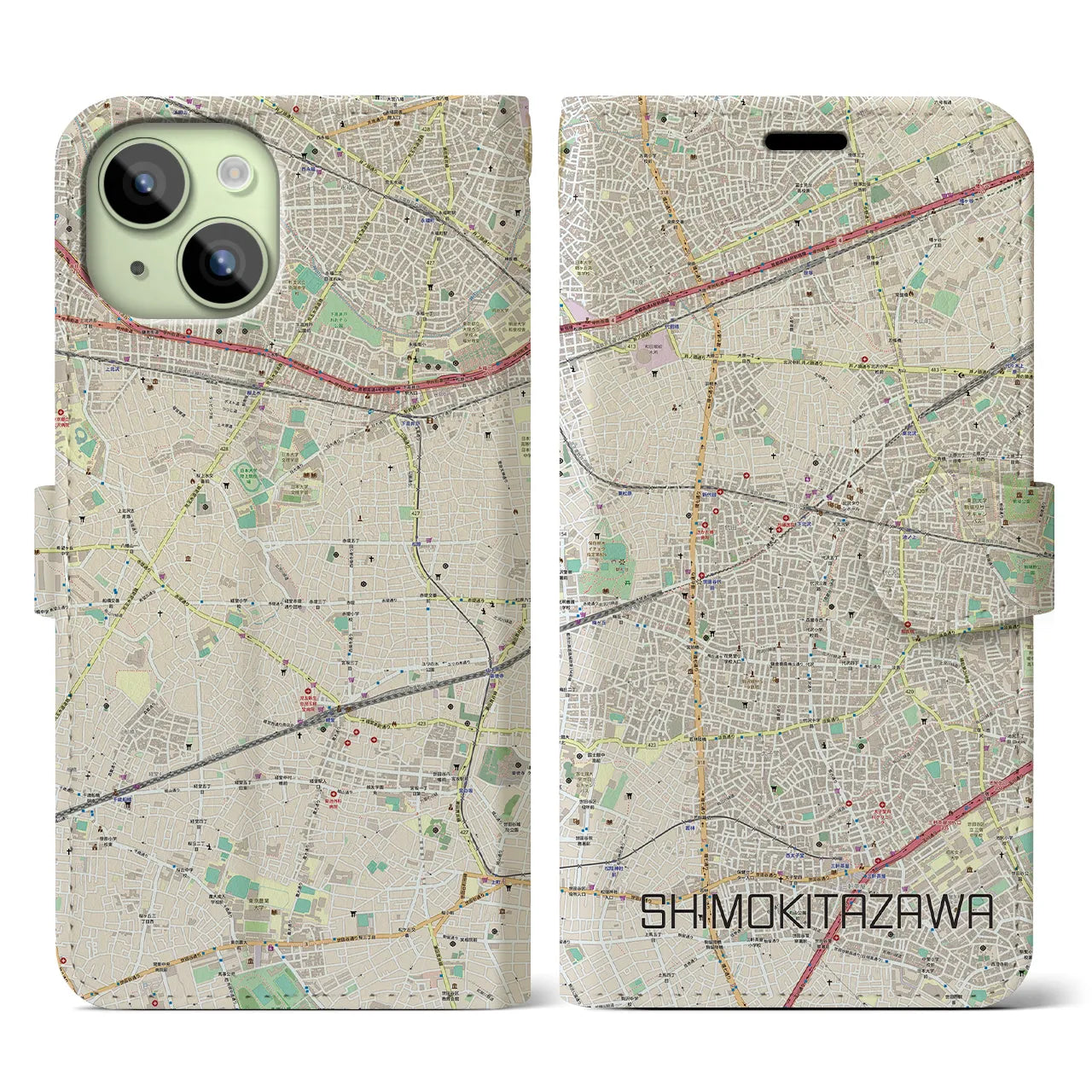 【下北沢】地図柄iPhoneケース（手帳両面タイプ・ナチュラル）iPhone 15 用