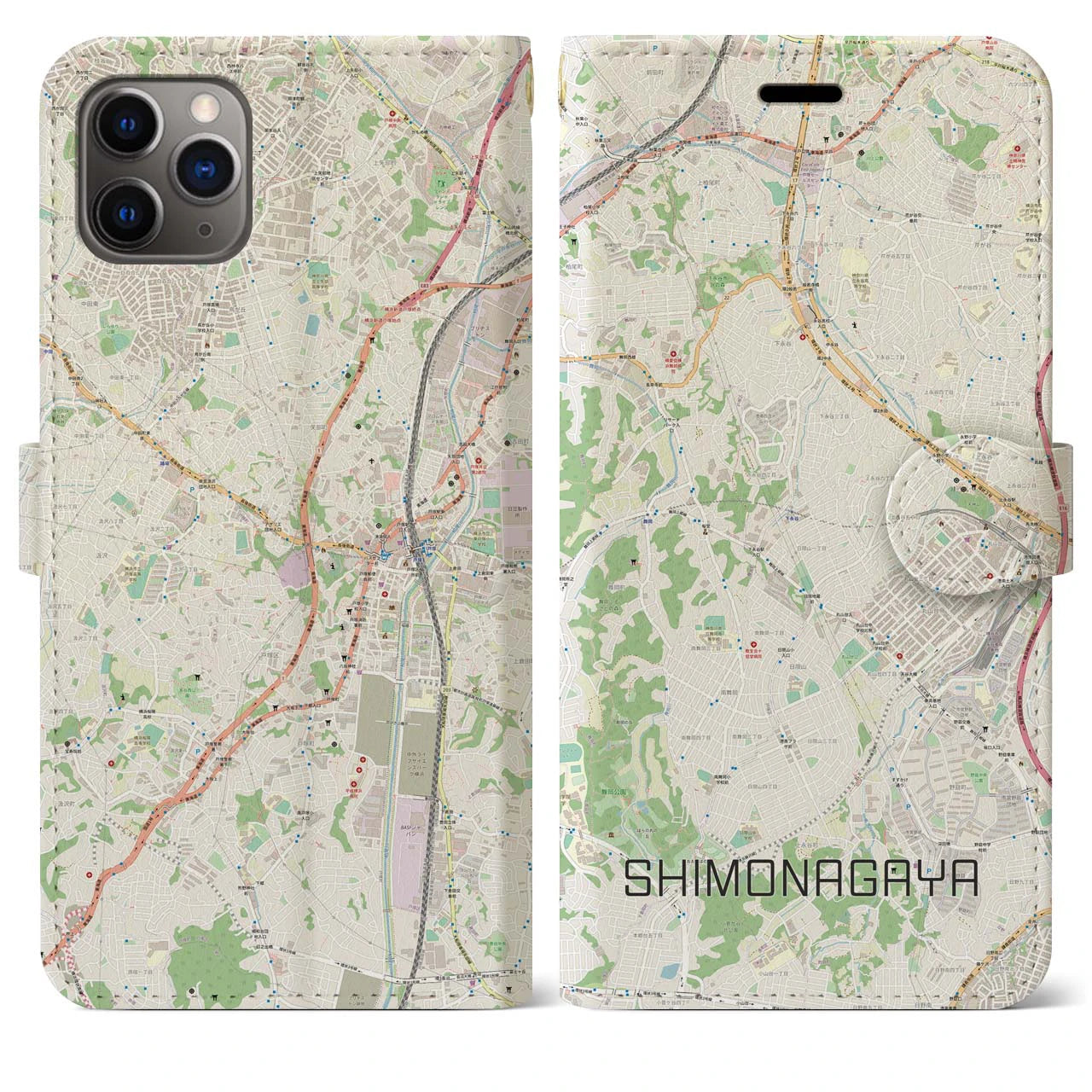 【下永谷】地図柄iPhoneケース（手帳両面タイプ・ナチュラル）iPhone 11 Pro Max 用