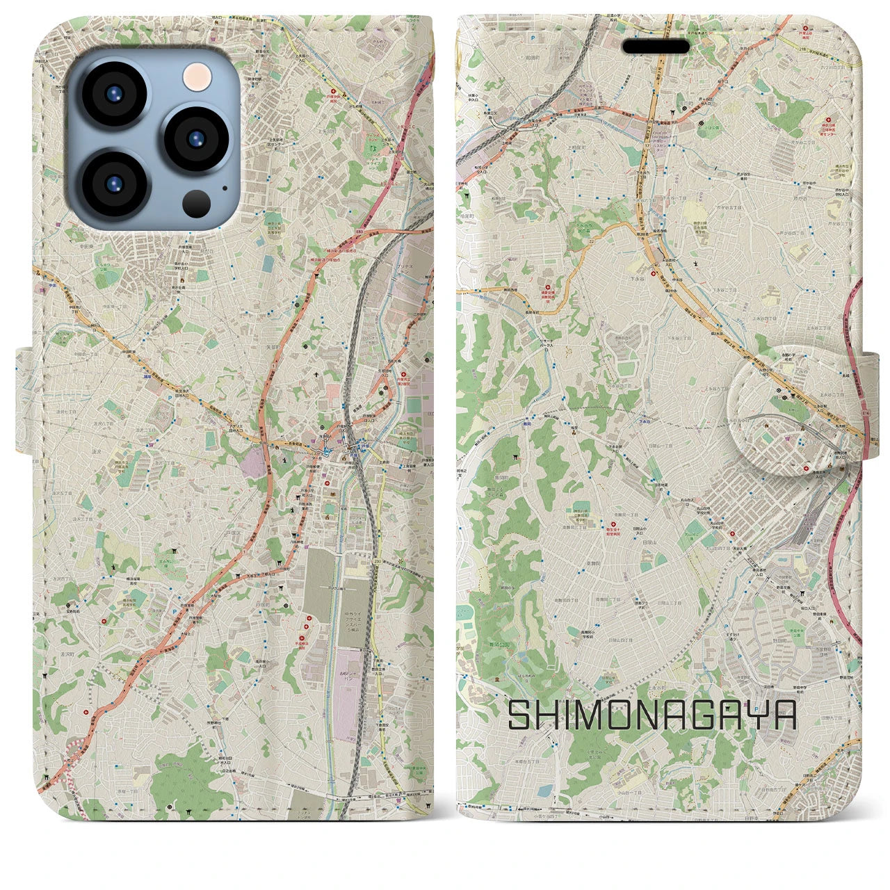 【下永谷】地図柄iPhoneケース（手帳両面タイプ・ナチュラル）iPhone 13 Pro Max 用