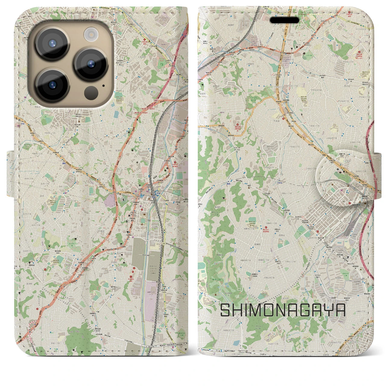 【下永谷】地図柄iPhoneケース（手帳両面タイプ・ナチュラル）iPhone 14 Pro Max 用