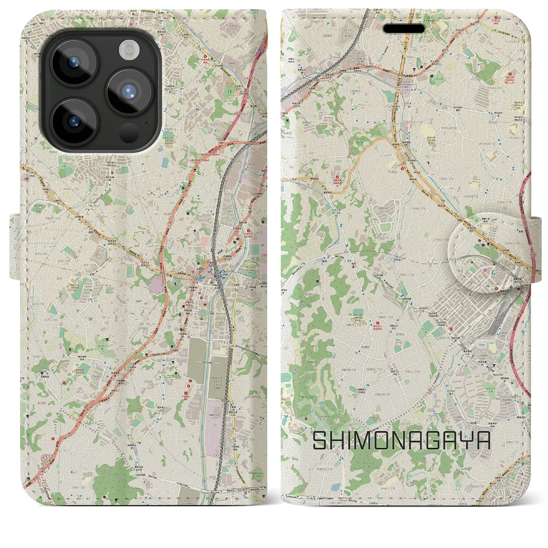 【下永谷】地図柄iPhoneケース（手帳両面タイプ・ナチュラル）iPhone 15 Pro Max 用