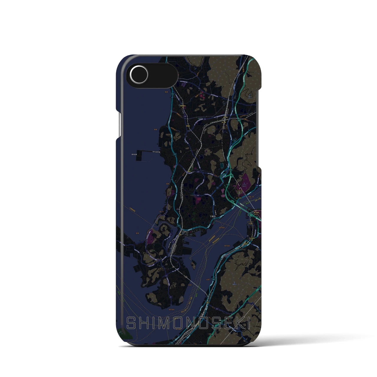 【下関】地図柄iPhoneケース（バックカバータイプ・ブラック）iPhone SE（第3 / 第2世代） / 8 / 7 / 6s / 6 用