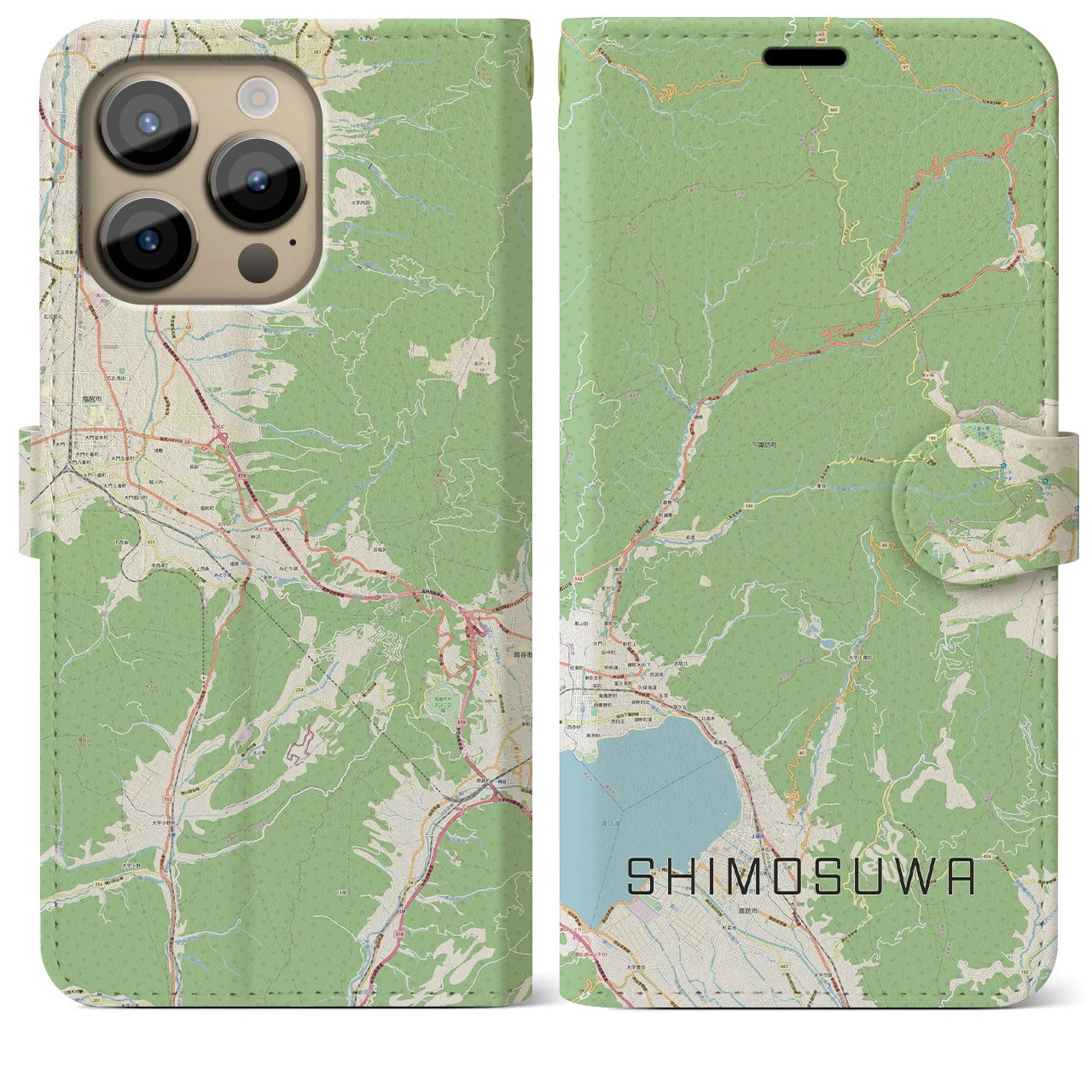 【下諏訪】地図柄iPhoneケース（手帳両面タイプ・ナチュラル）iPhone 14 Pro Max 用