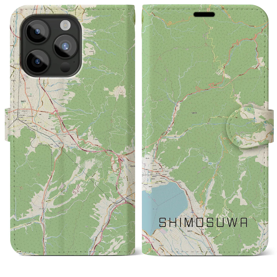 【下諏訪】地図柄iPhoneケース（手帳両面タイプ・ナチュラル）iPhone 15 Pro Max 用