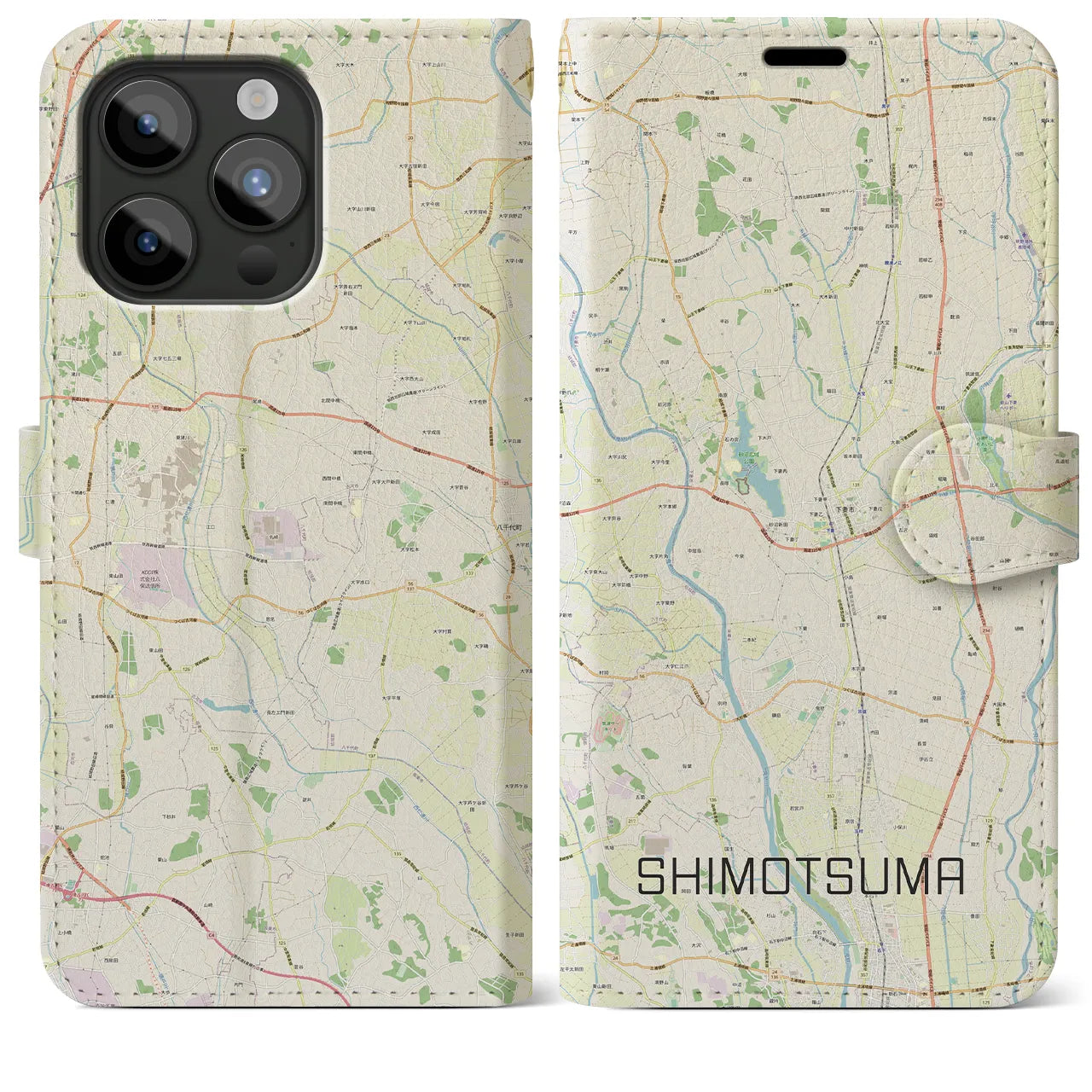 【下妻】地図柄iPhoneケース（手帳両面タイプ・ナチュラル）iPhone 15 Pro Max 用
