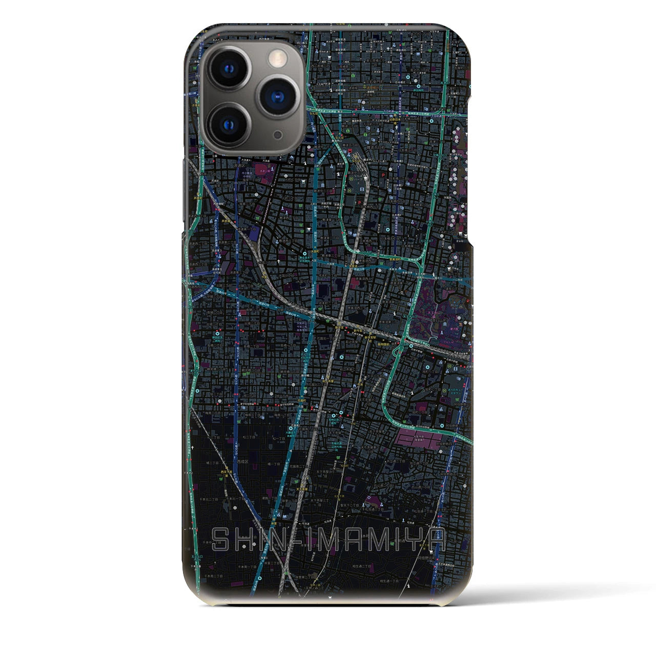 【新今宮】地図柄iPhoneケース（バックカバータイプ・ブラック）iPhone 11 Pro Max 用