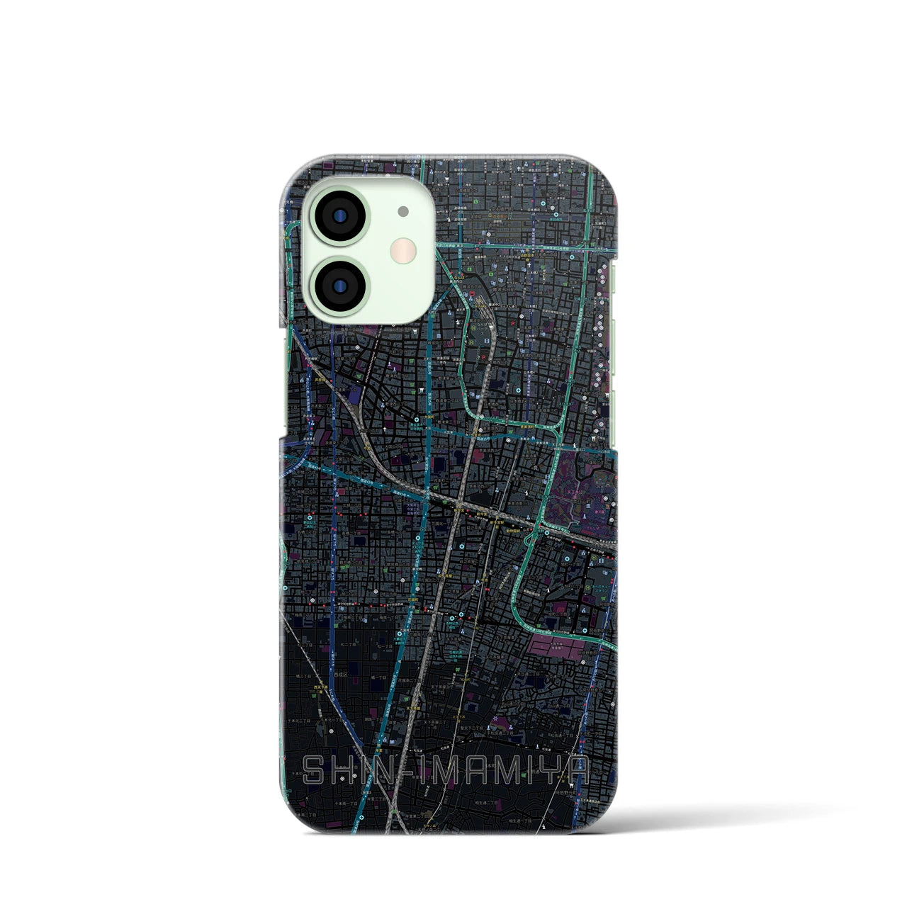 【新今宮】地図柄iPhoneケース（バックカバータイプ・ブラック）iPhone 12 mini 用