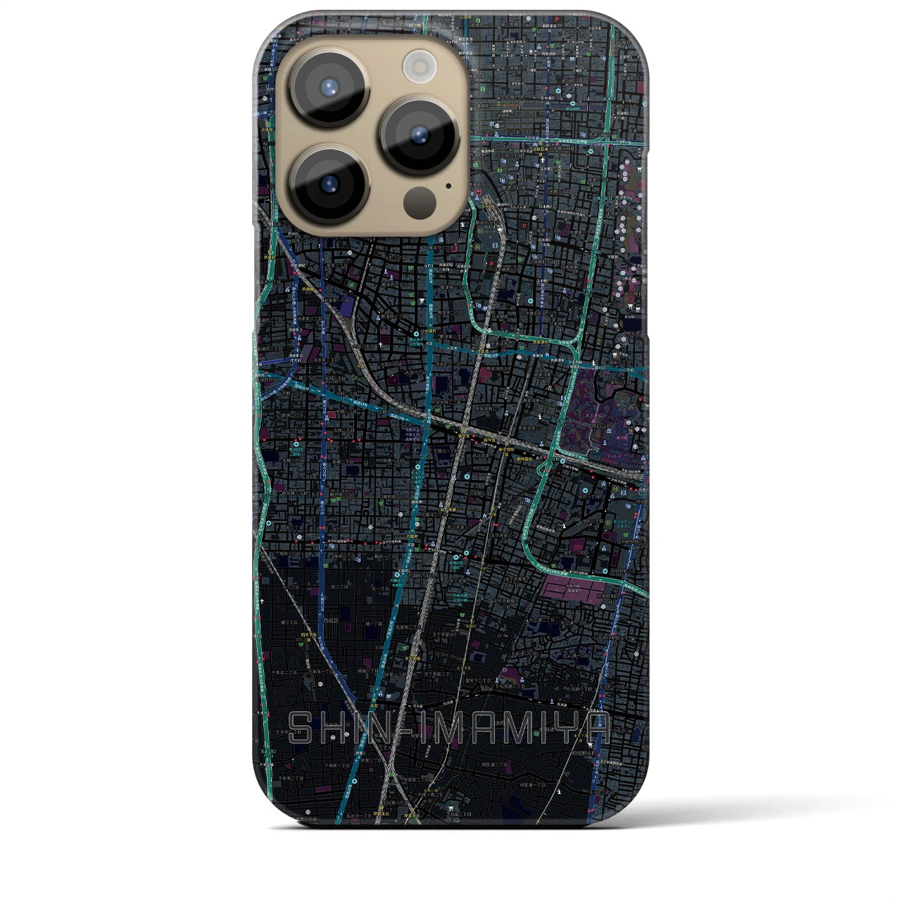 【新今宮】地図柄iPhoneケース（バックカバータイプ・ブラック）iPhone 14 Pro Max 用