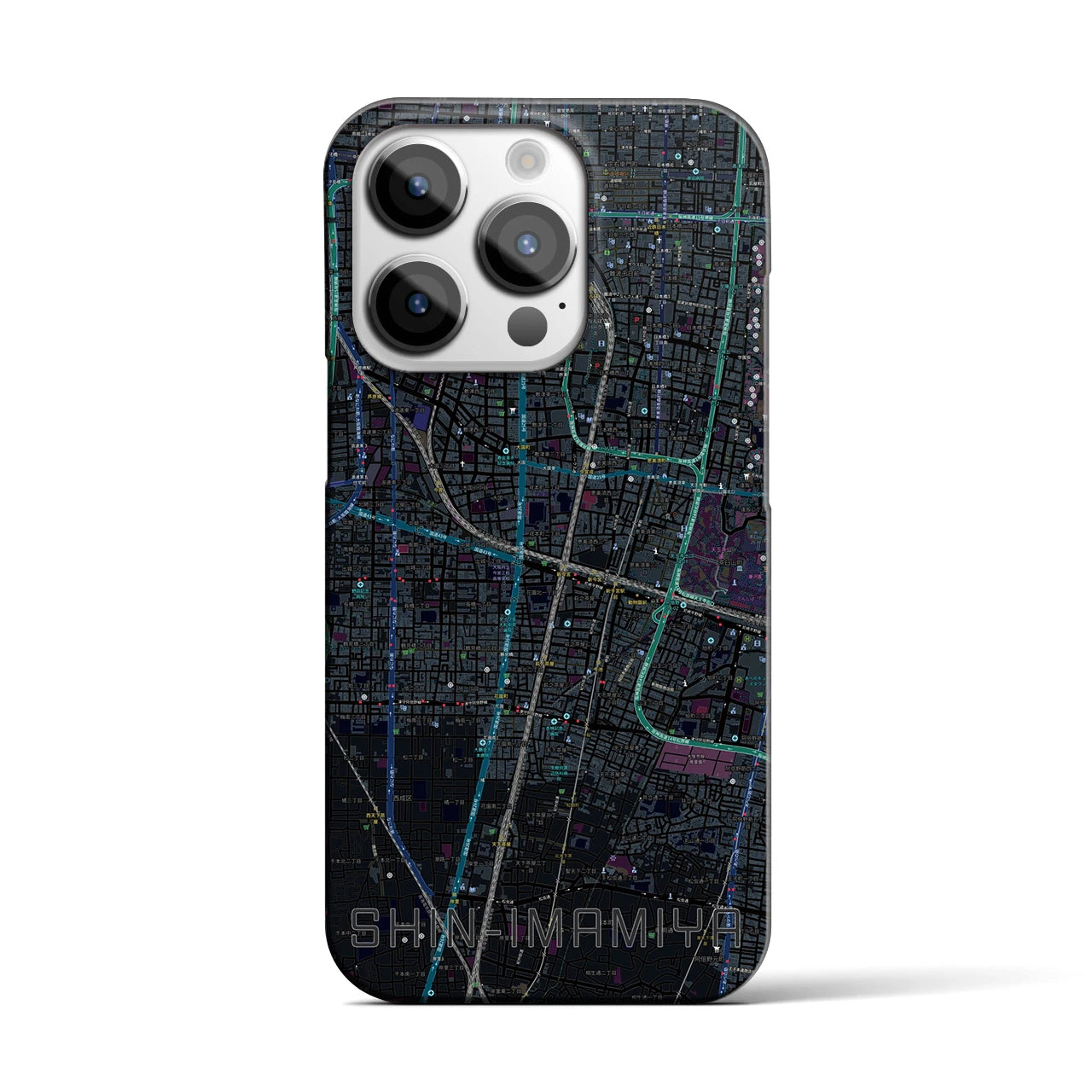 【新今宮】地図柄iPhoneケース（バックカバータイプ・ブラック）iPhone 14 Pro 用
