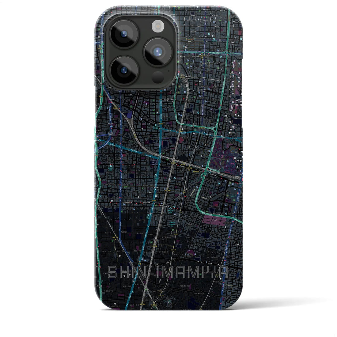【新今宮】地図柄iPhoneケース（バックカバータイプ・ブラック）iPhone 15 Pro Max 用
