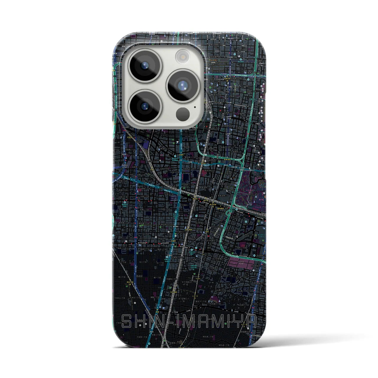 【新今宮】地図柄iPhoneケース（バックカバータイプ・ブラック）iPhone 15 Pro 用