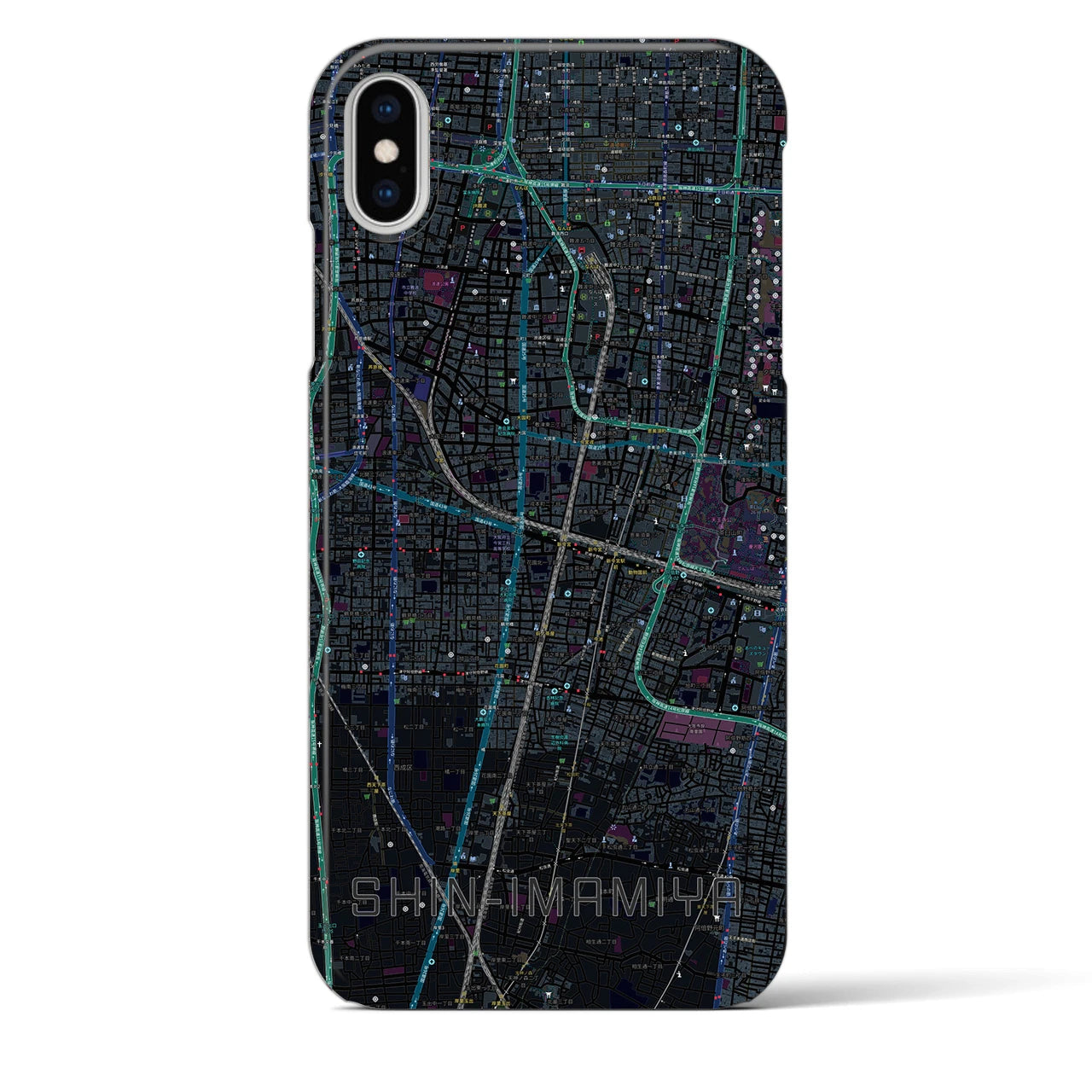 【新今宮】地図柄iPhoneケース（バックカバータイプ・ブラック）iPhone XS Max 用