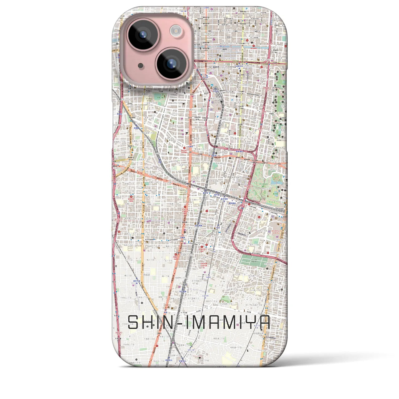 【新今宮】地図柄iPhoneケース（バックカバータイプ・ナチュラル）iPhone 15 Plus 用