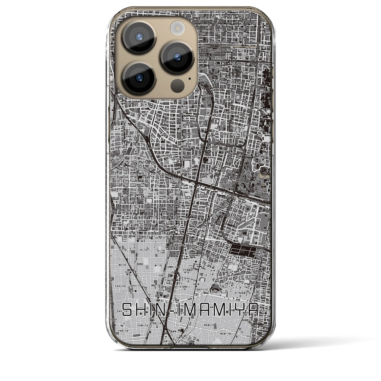 【新今宮】地図柄iPhoneケース（クリアタイプ・モノトーン）iPhone 14 Pro Max 用